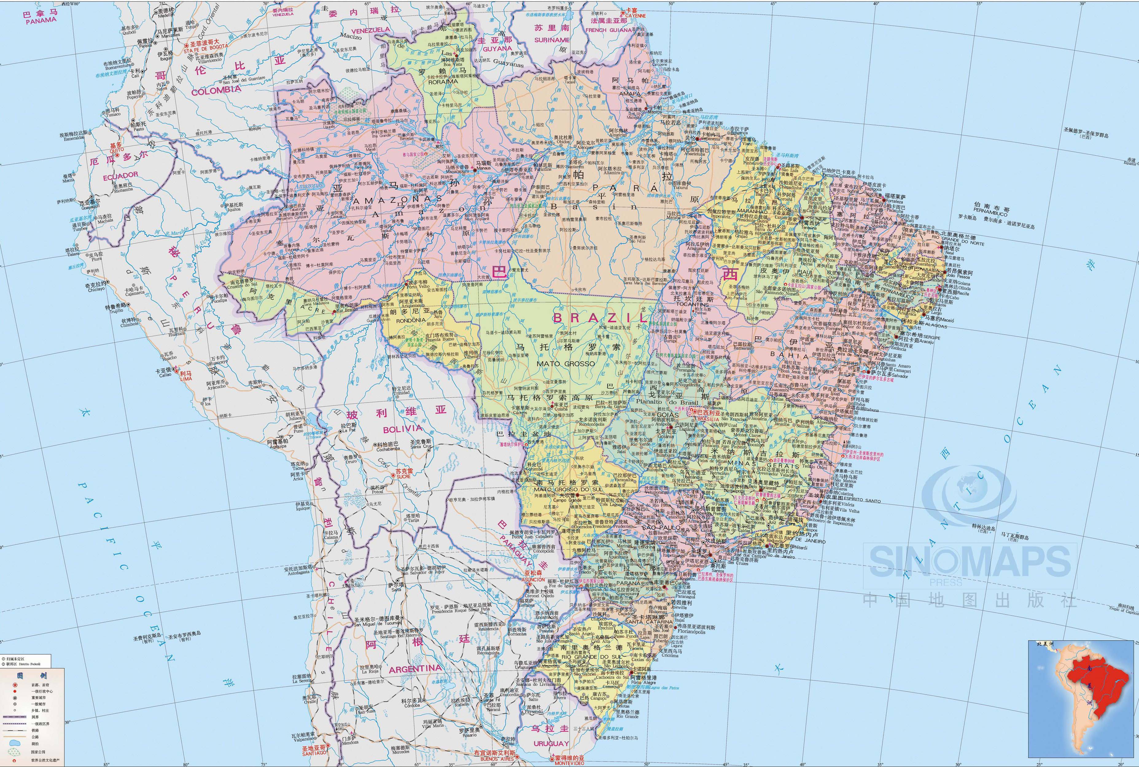 巴西地图中文版高清图片