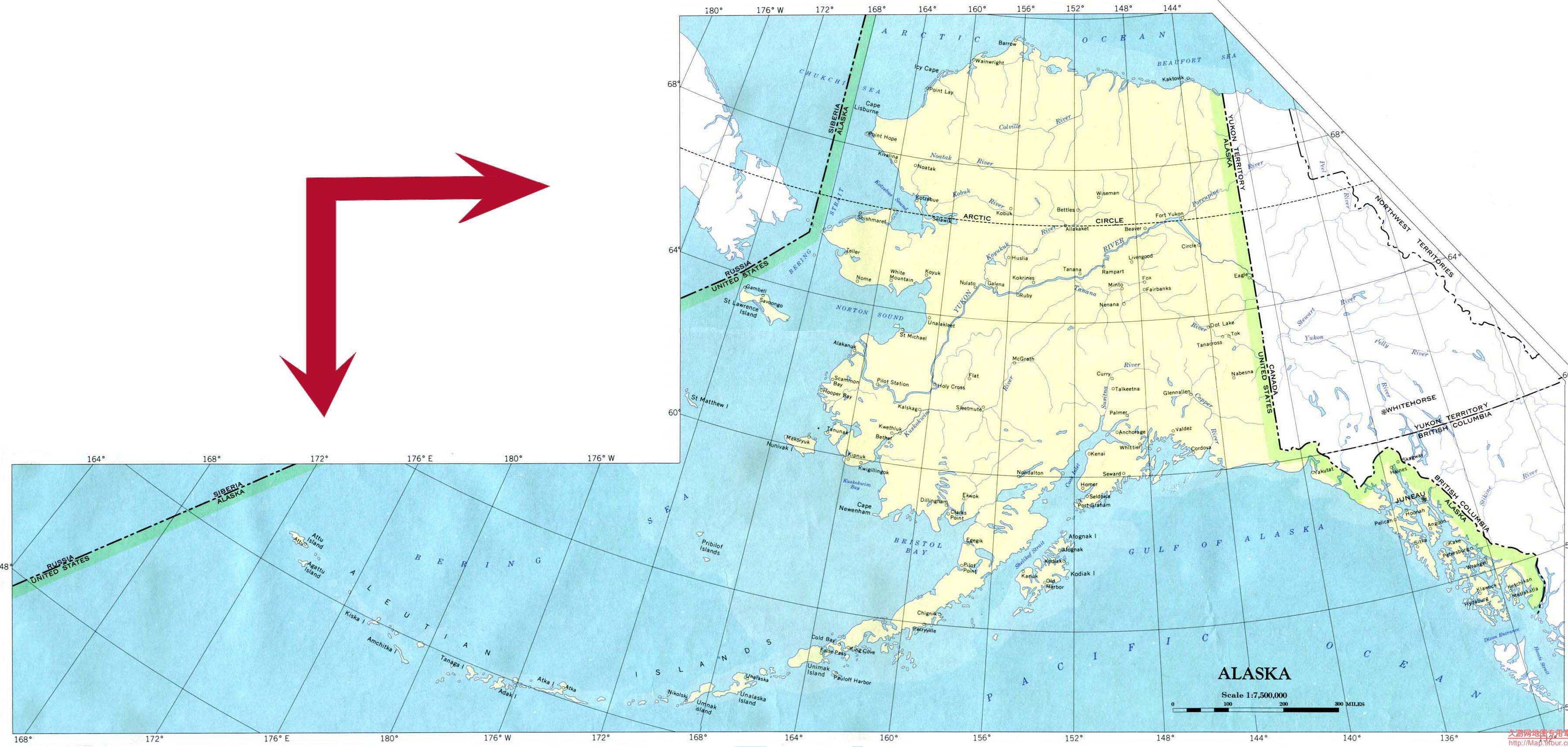 美国alaska州政区图,美国地图高清中文版
