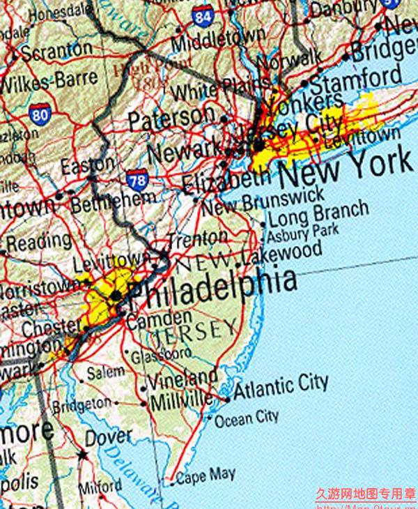 美国费城和纽约周边交通图,美国地图高清中文版